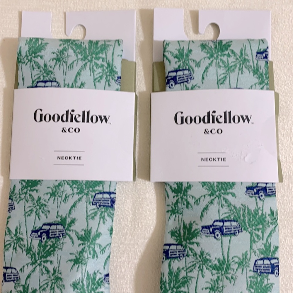 Lot of 2--Goodfellow & Co Neckties Mint Green Palm Tree & Paradise Car